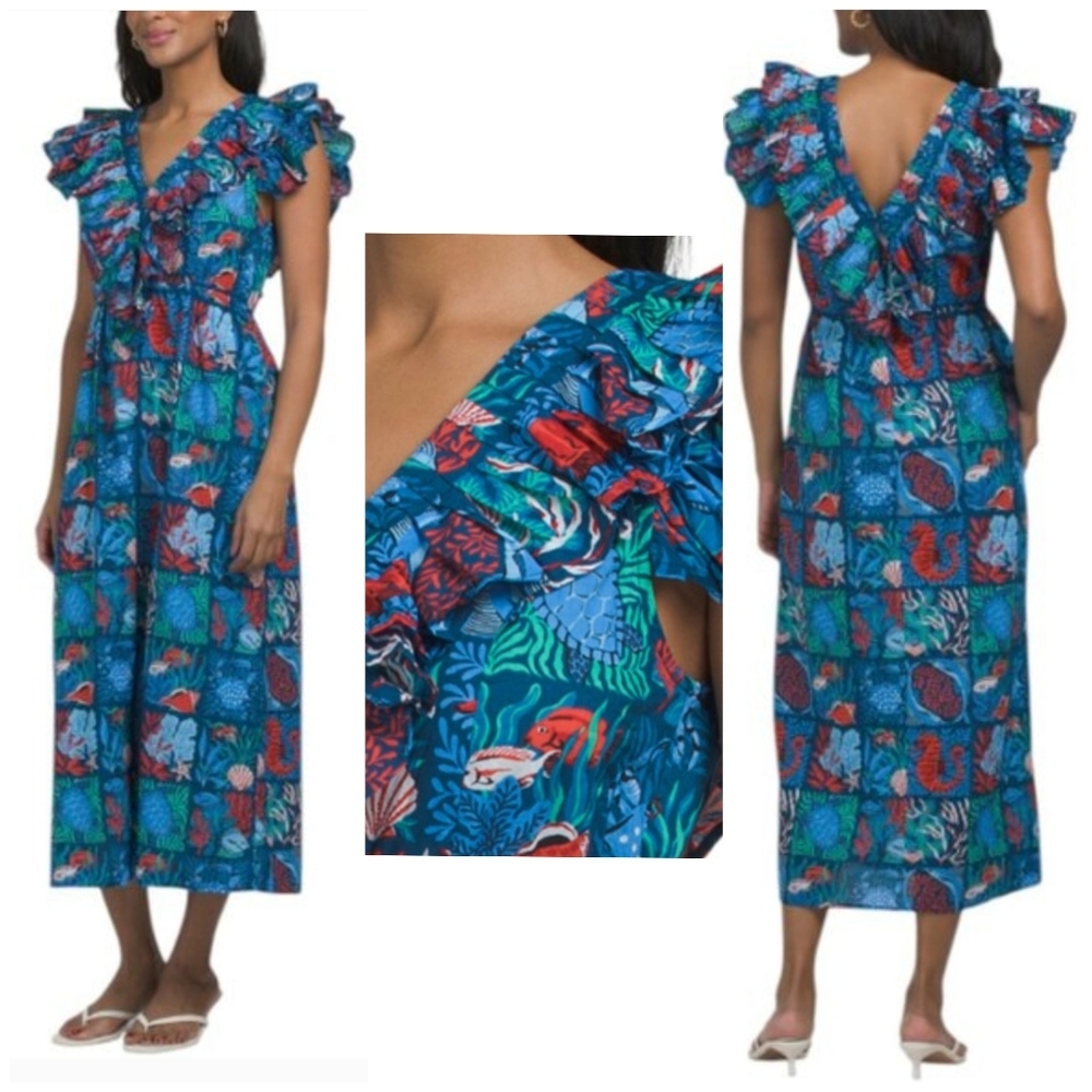 Printfresh Lola Dress Novelty Print Ocean Nautical Tiles Seaside Blue